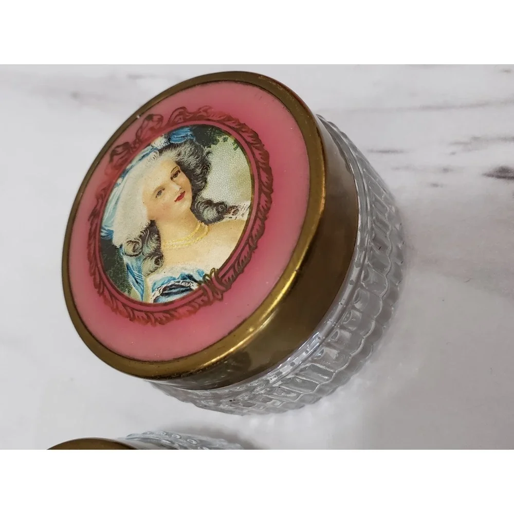 Lot 2 Vintage Vanity Make Up Glass Powder Jar Victorian Painted Lady Metal Lid